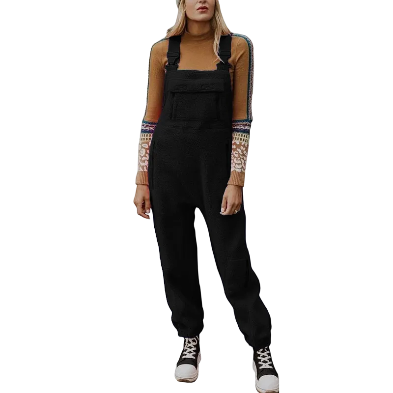 Women's Fleece Warm Overalls Winter Loose Casual Jumpsuits with Pockets