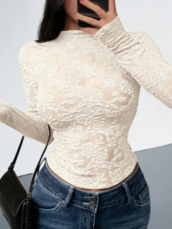 Mesh Long Sleeve Tops for Women Lace Sexy Sheer Tight See Through Crew Neck