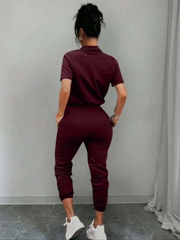 Women's Solid Button Front Pocket Jumpsuit, Casual Short Sleeve Jumpsuit for Daily Wear