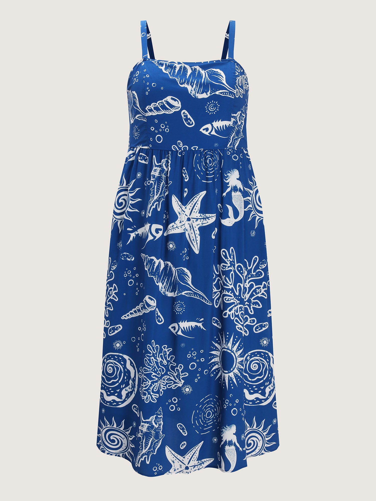 Ocean Print Shirred Adjustable Strap Maxi Dress