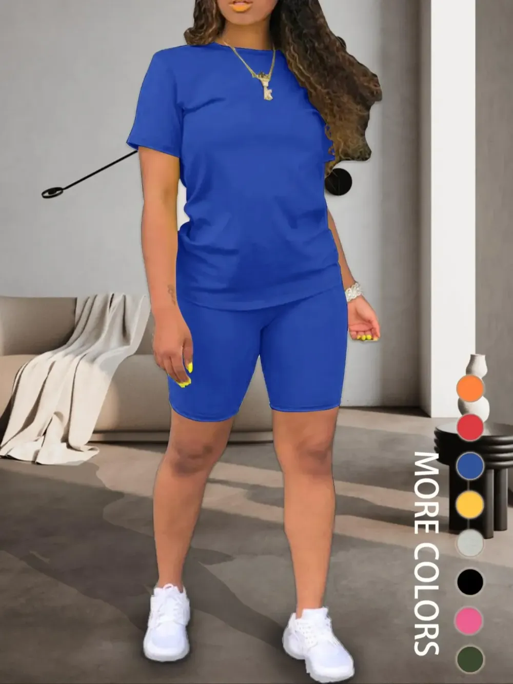 Two-piece Set Women's Fitted Plain Round Neck Tee & Skinny Shorts Set, Summer Clothes Women