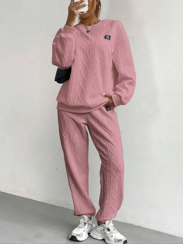 Women's Solid Patched Drop Shoulder Sweatshirt & Elastic Waist Pants Two-piece Set