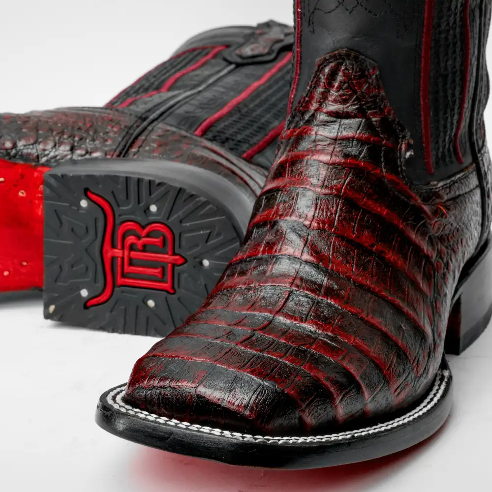 Black Cherry Caiman Belly Leather Boots - Square Toe