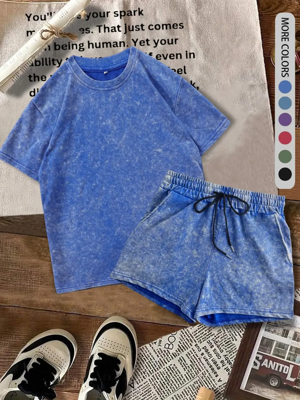 Women's Solid-Color Faux-Denim Print T-Shirt and Shorts Two-Piece Set