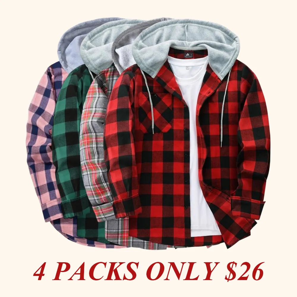 Men's Plaid Print Button Front Drawstring Hooded Shirt, Regular Fit Casual Pocket Long Sleeve Outerwear