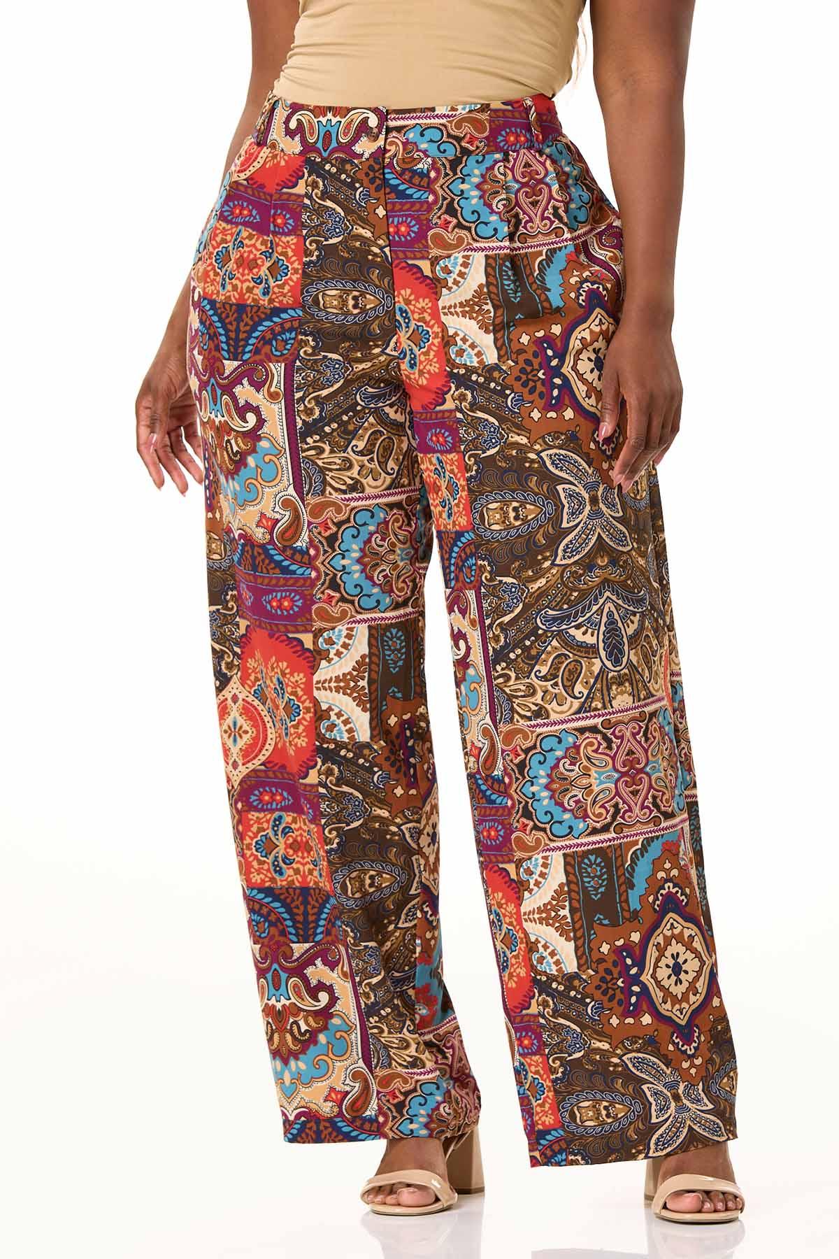 Plus Size Printed Patchwork Wide Leg Pants