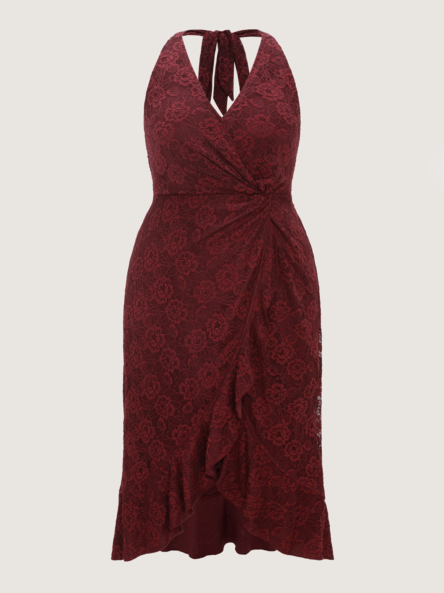 Floral Lace Ruffled Wrap Hem Midi Dress