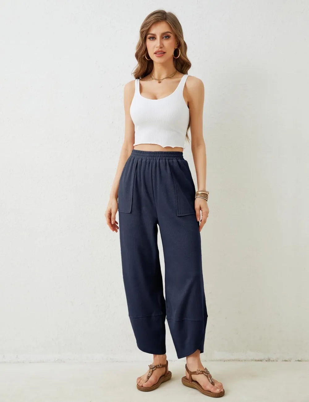 Women's Wide Leg Harem Pants Casual Palazzo Pants with Pockets High Waist Relaxed Fit