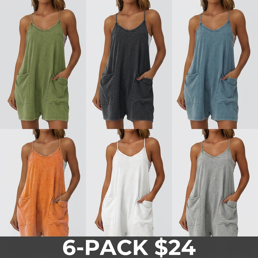 Loose Romper- Vintage Acid Wash Womens Sleeveless Casual Summer Spaghetti Strap Overalls Shorts Jumpsuit with Pockets