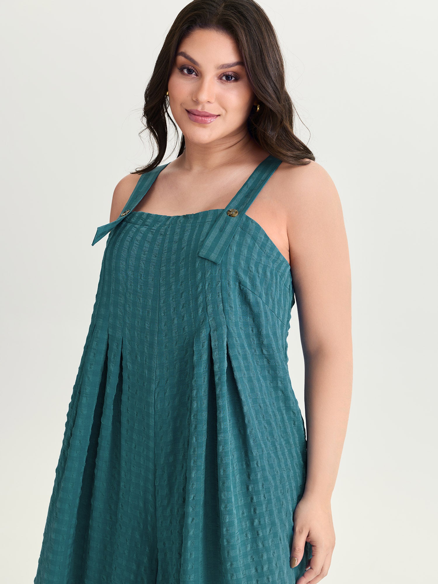 Check Print Pleated Adjustable Overall Jumpsuit