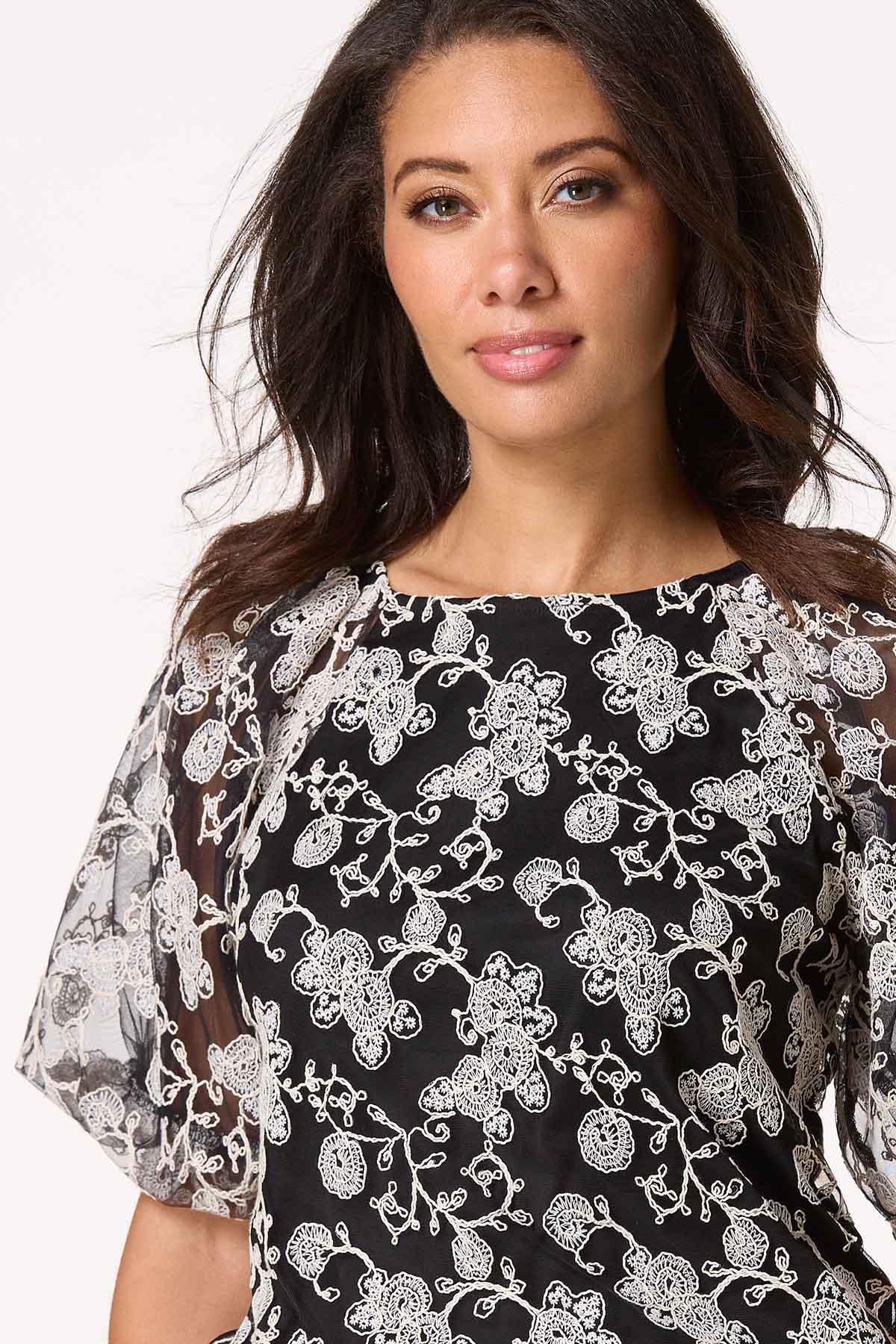 Black White Embroidered Floral Top