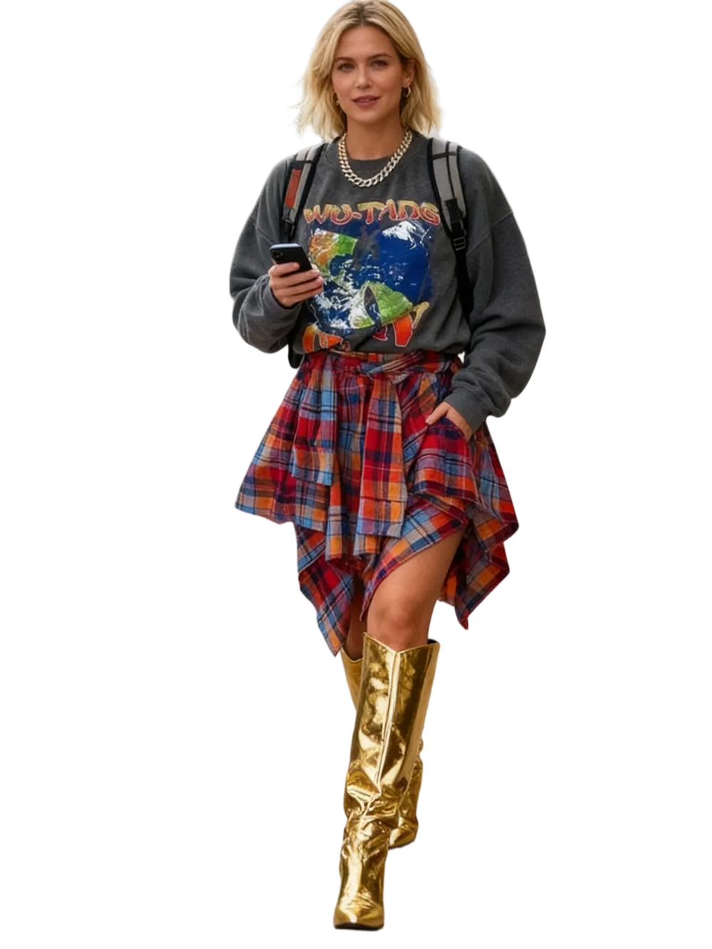 Women's Fashion Plaid Print Asymmetrical Hem High Waisted Skirt