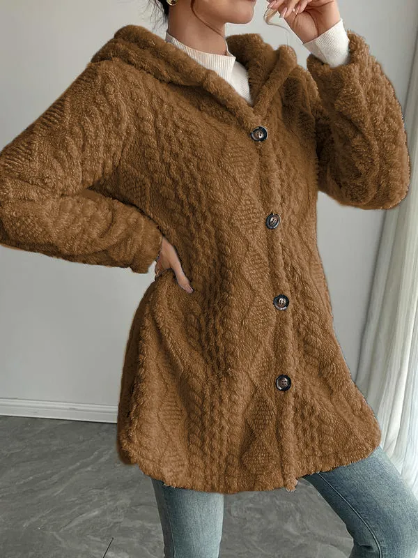 Women's Fall Winter Warm Fashion Jacquard Hooded Cardigan Long Sleeve Coat