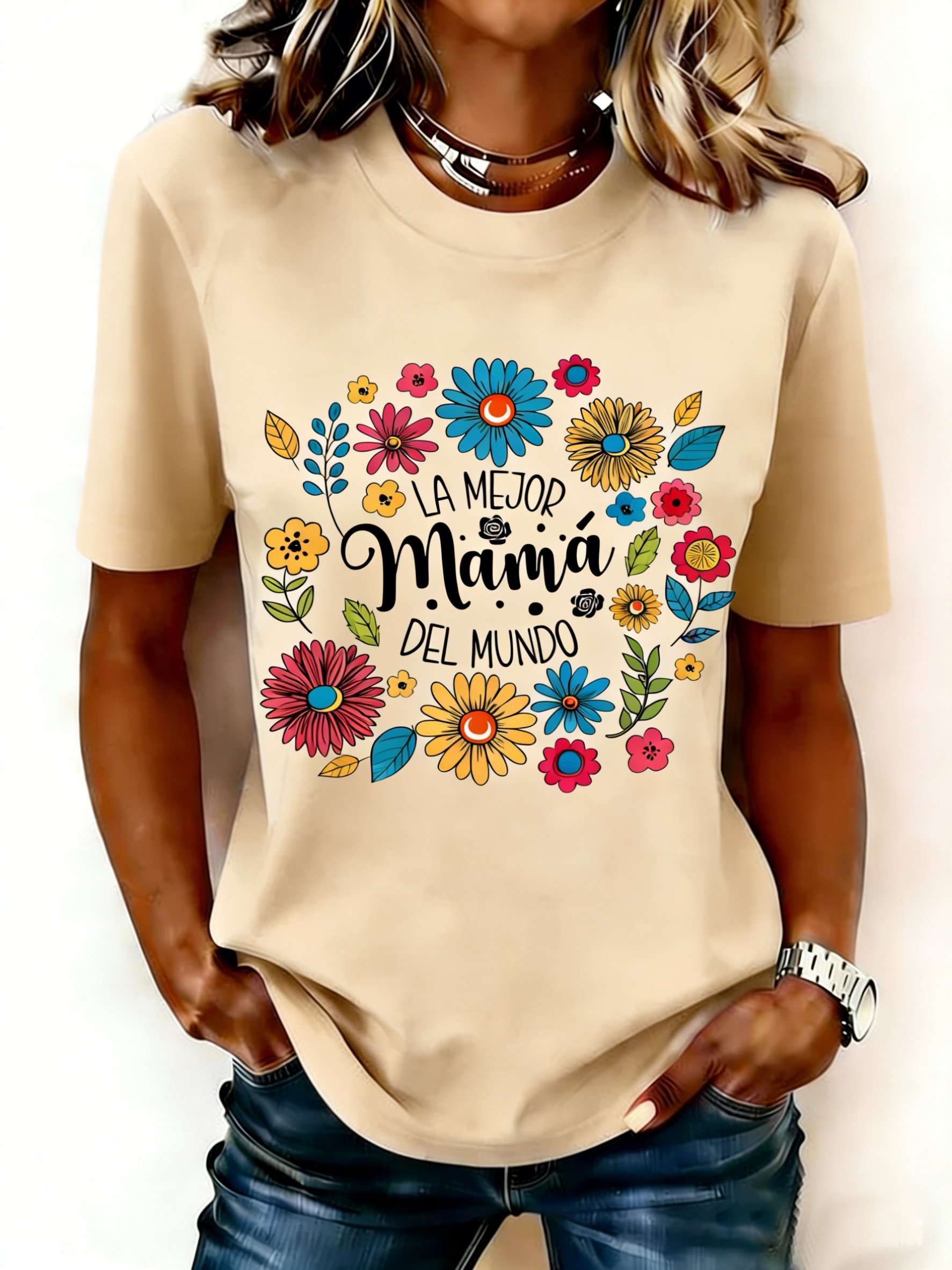 Mother's Day Letter Pattern Floral Short Sleeve Round Neck Loose  Casual T-Shirt
