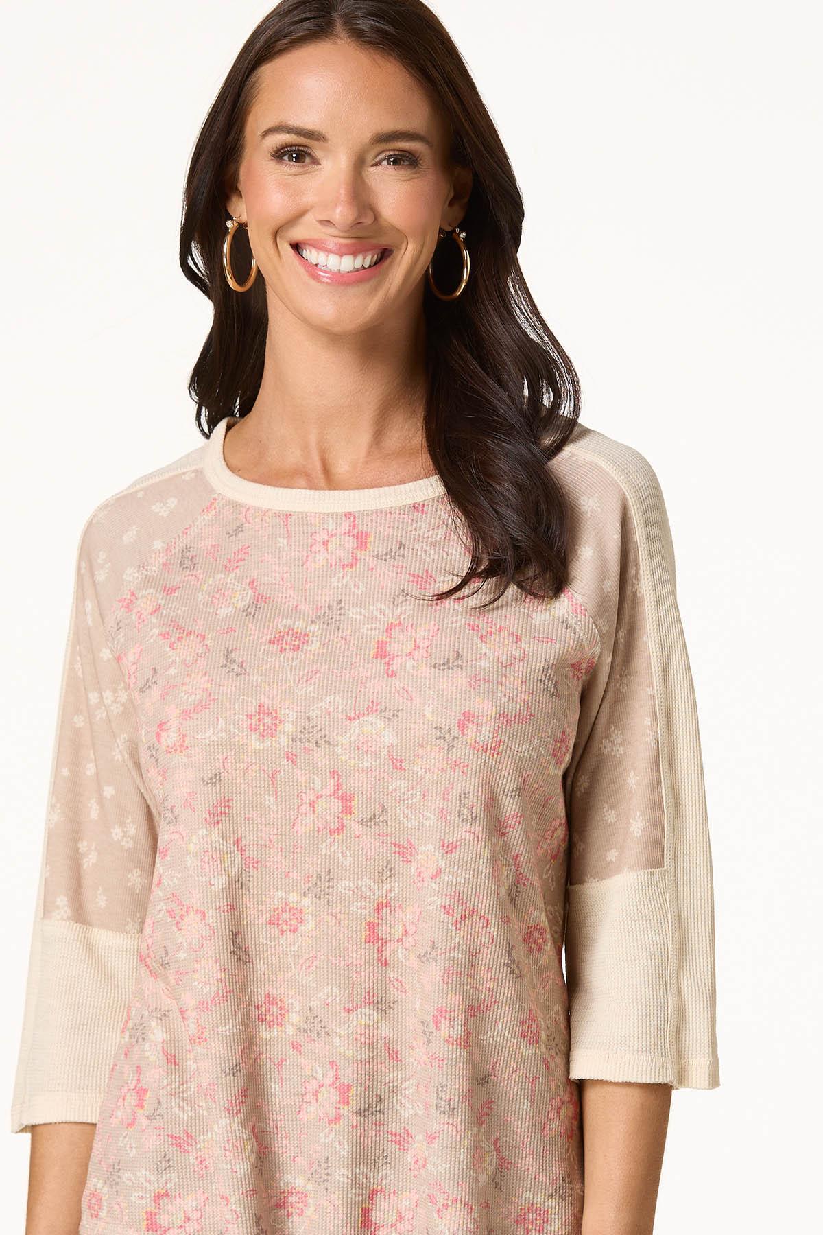 Beige Floral Baseball Top