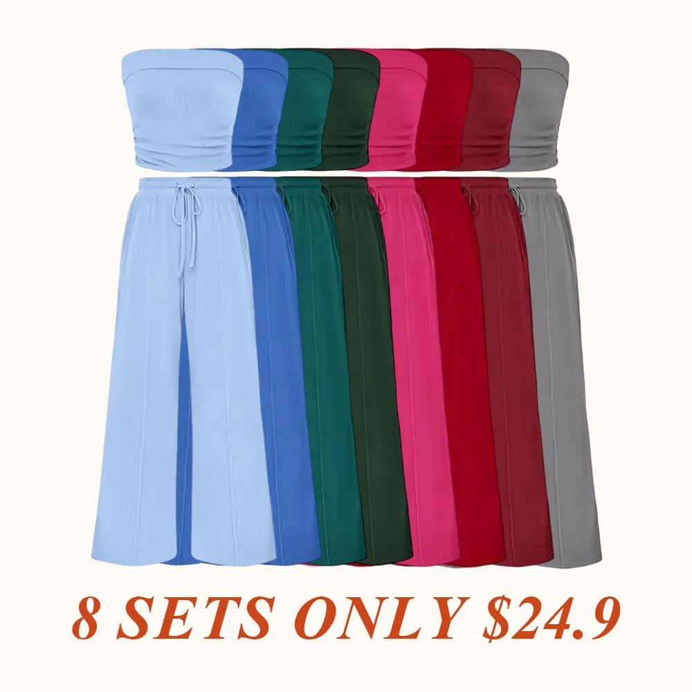 Womens Summer Outfits 2 Piece Sets Casual Ribbed Knit Crop Tube Top Wide Leg Pants