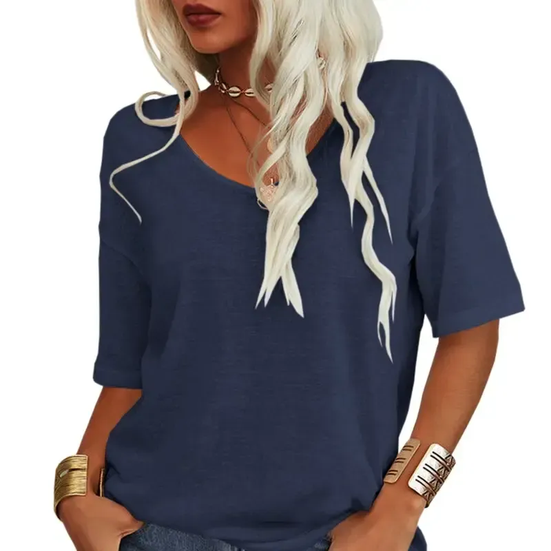 Women Soft V Neck Tshirt Half Sleeve Lightweight Solid Color Loose Fit Minimalist Top