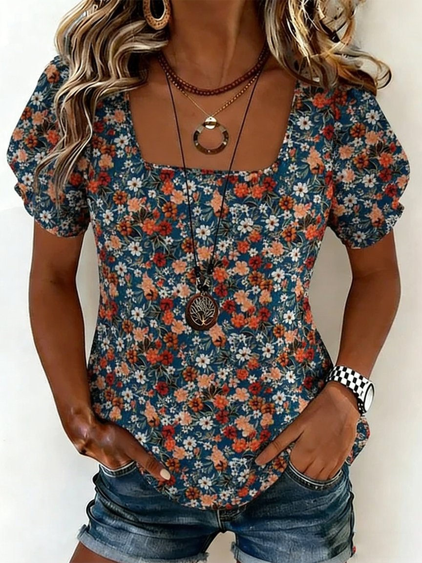 Puff Sleeve Loose Square Neck Floral Elegant T-Shirt