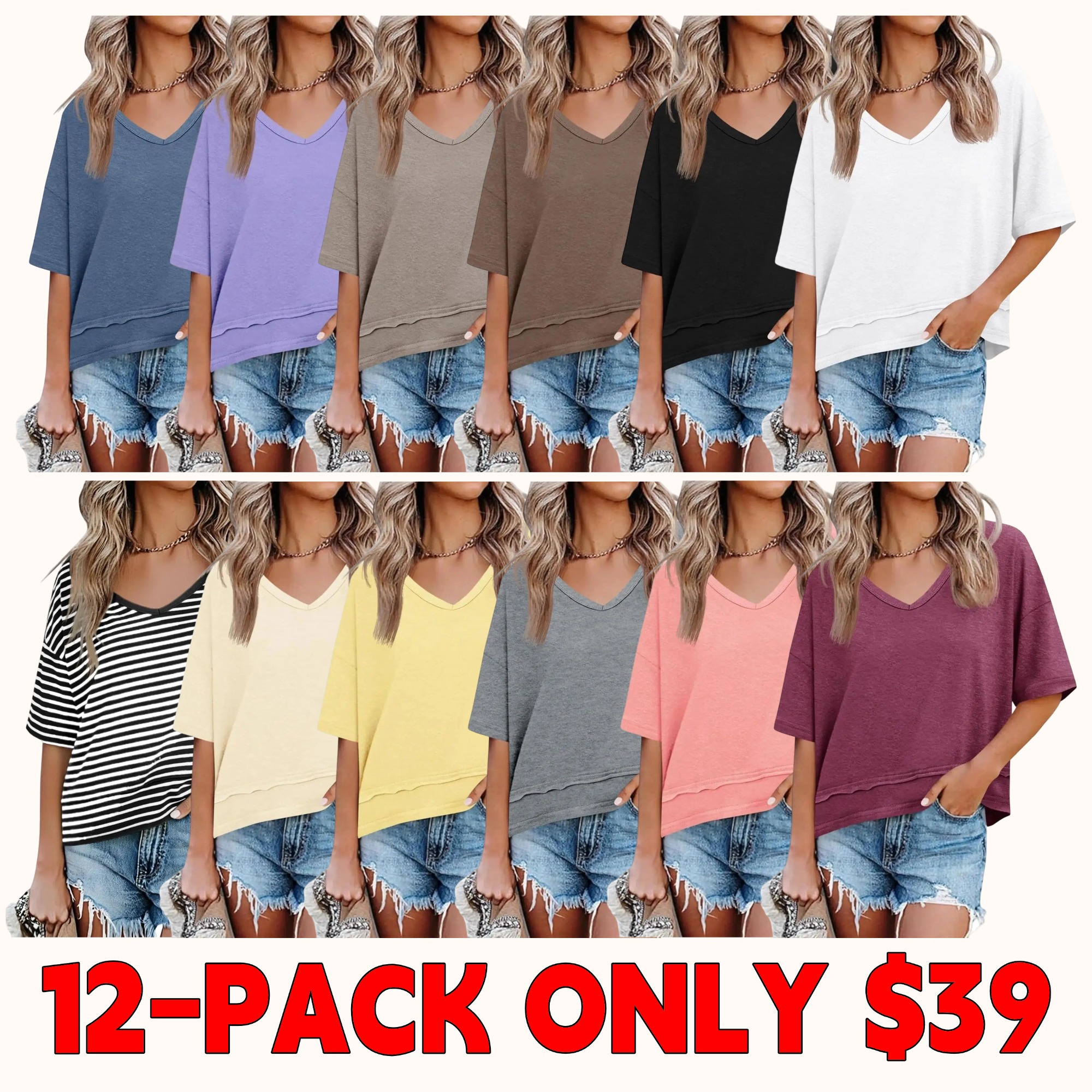 Women's Summer V-Neck T-Shirt — Casual Short-Sleeve Flowy Top | Cute, Loose-Fit Basic Tee