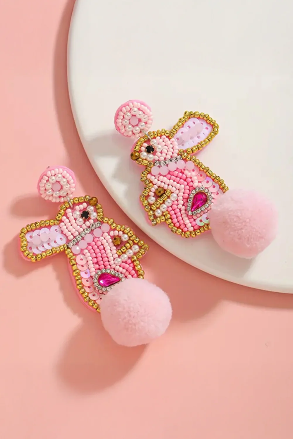Pink Beaded Easter Bunny Fluff Stud Dangle Earrings