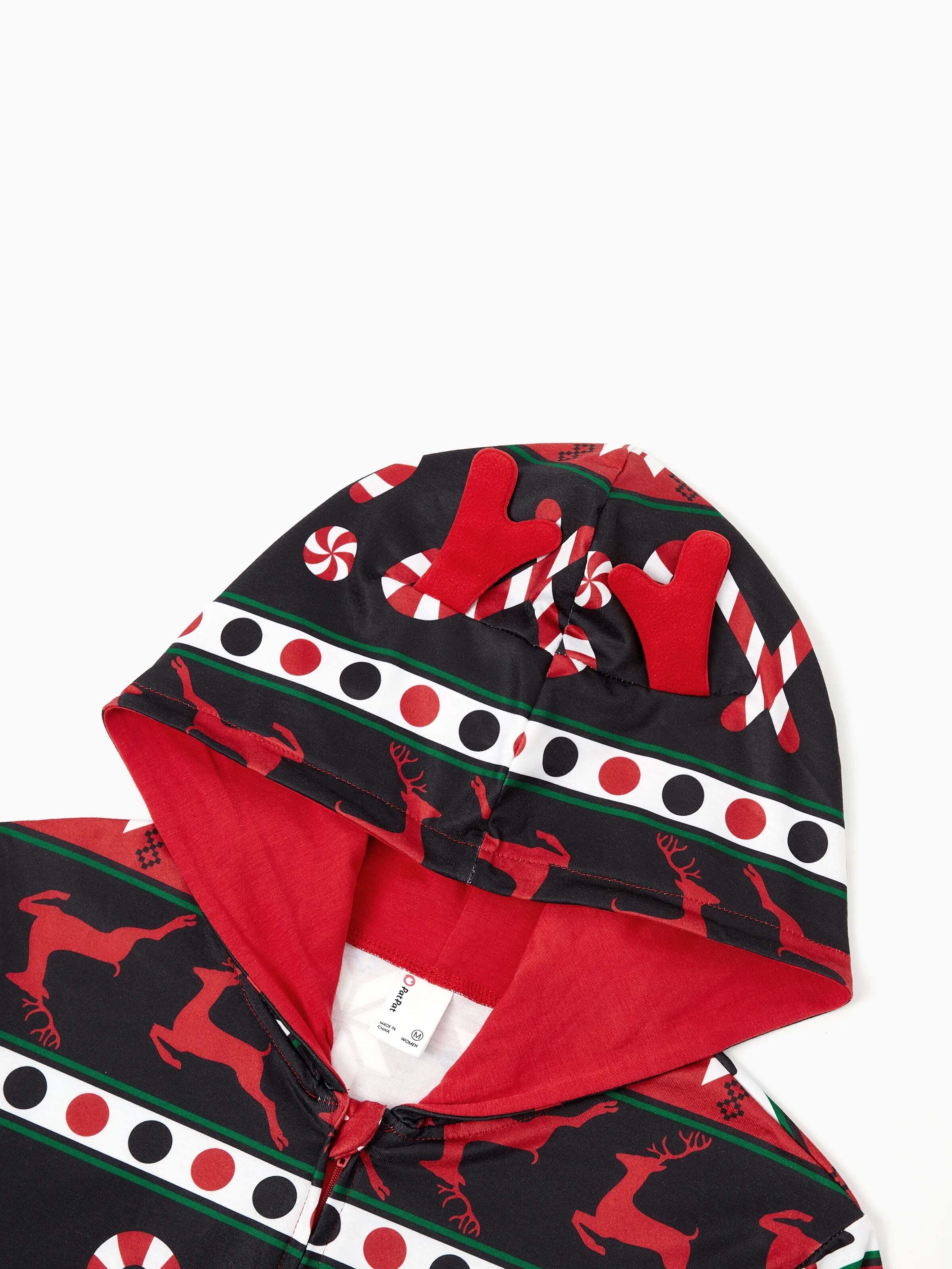 Christmas Pajamas 3D Reindeer Pattern Zipper Hooded Onesies Matching Family Outfits red/black