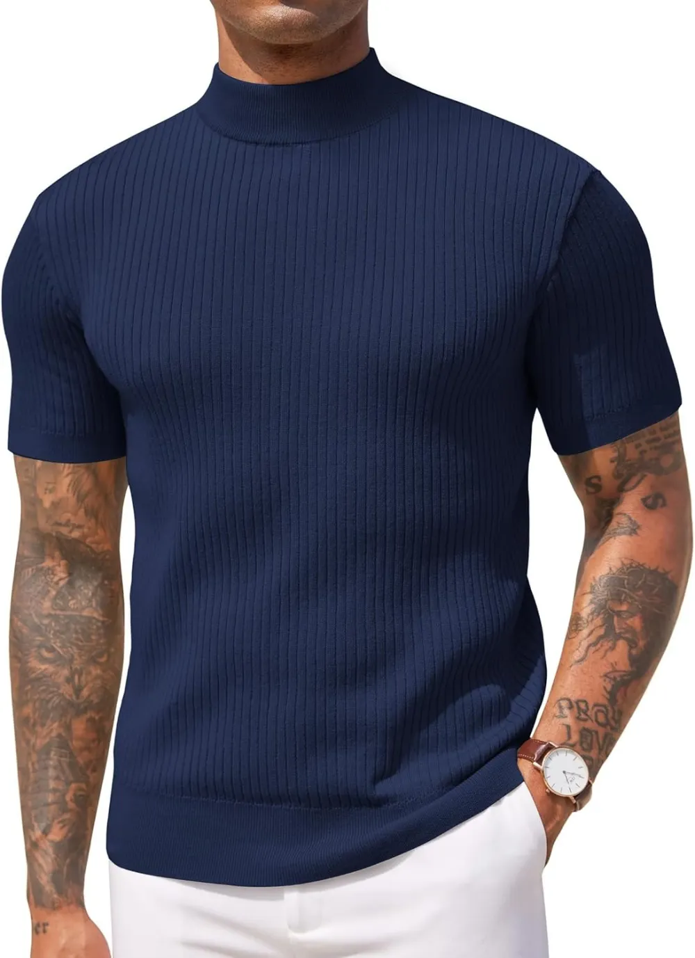 Men's Mock Turtleneck Sweater Short Sleeve Casual Basic Tops Ribbed Knit Pullover Solid Tee(100%Polyester)