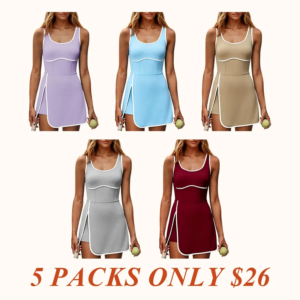 Womens Workout Tennis Dress with Built-in Bra & Shorts Pockets Sleeveless Cutout Golf Athletic Mini Dresses