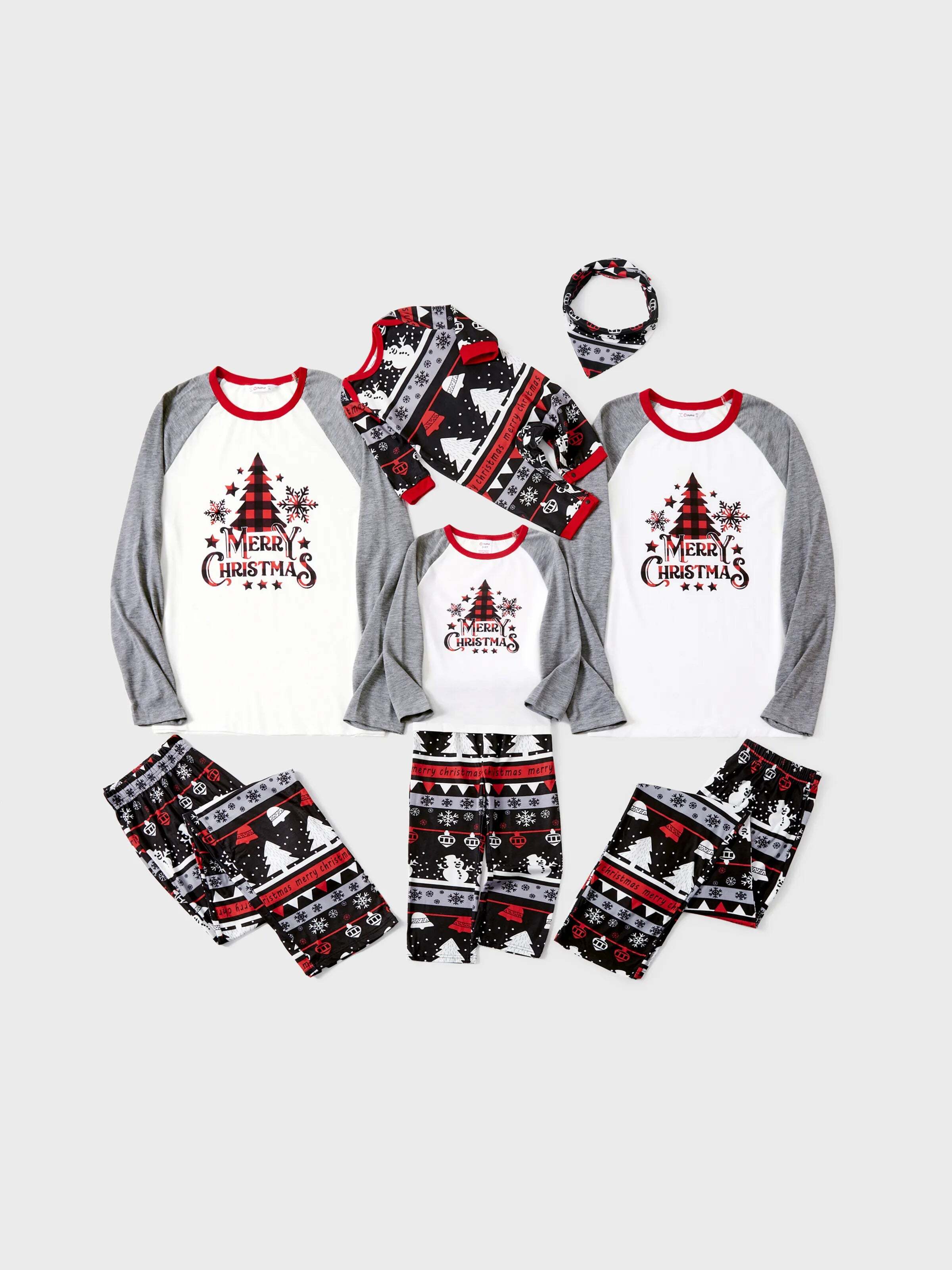 Christmas Tree Snowflake and Letters Print Grey Family Matching Long-sleeve Pajamas Sets with Christmas Socks Grey