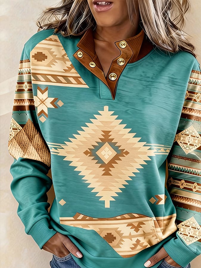 Women'S Casual Color Block Printed Pullover Sweatshirt