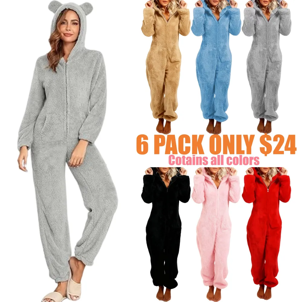 Women's Solid Zipper Hooded Plush Pajama Jumpsuit