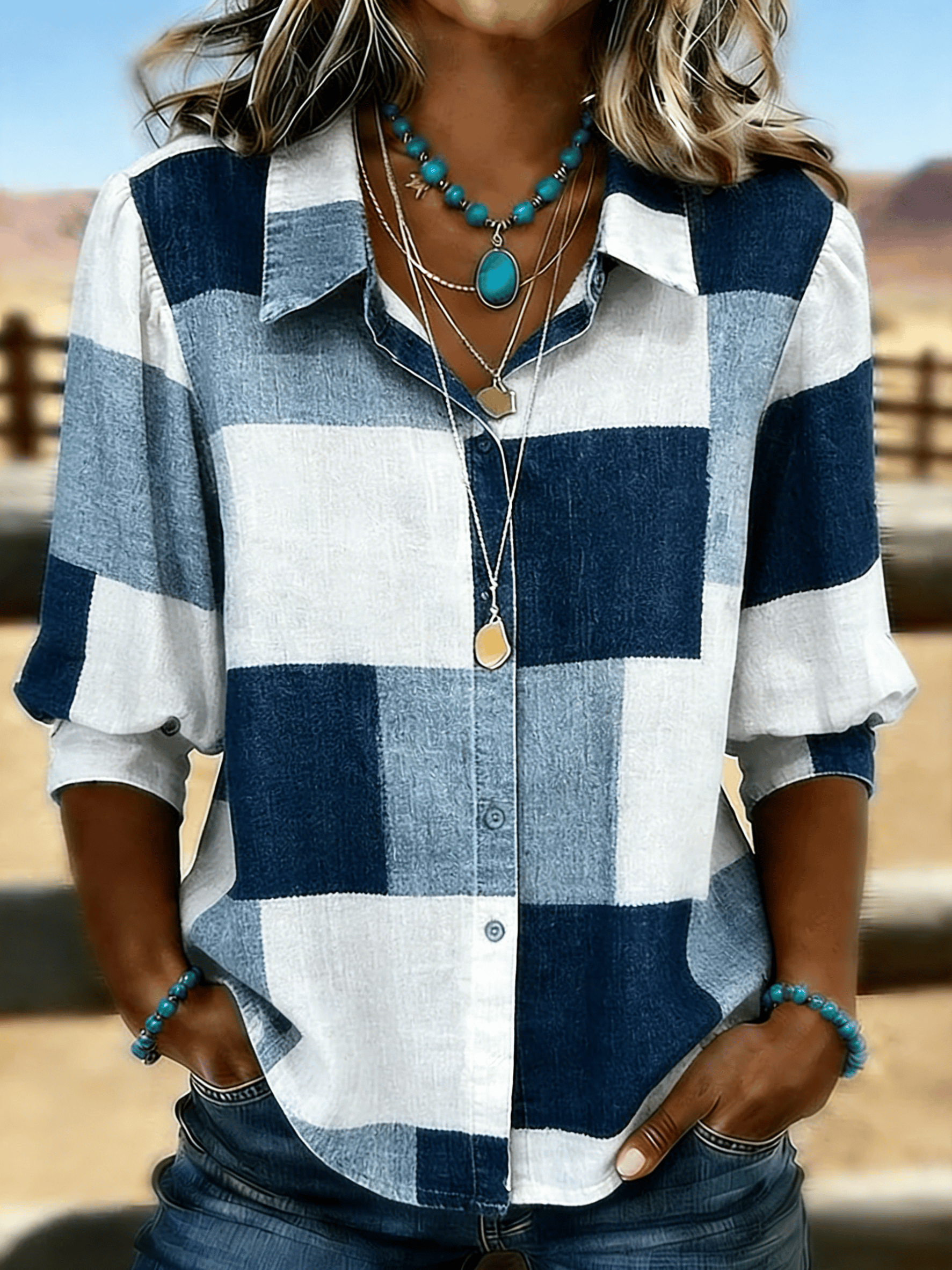 Women's Casual Cotton-Linen Plaid Blouse with Denim Effect