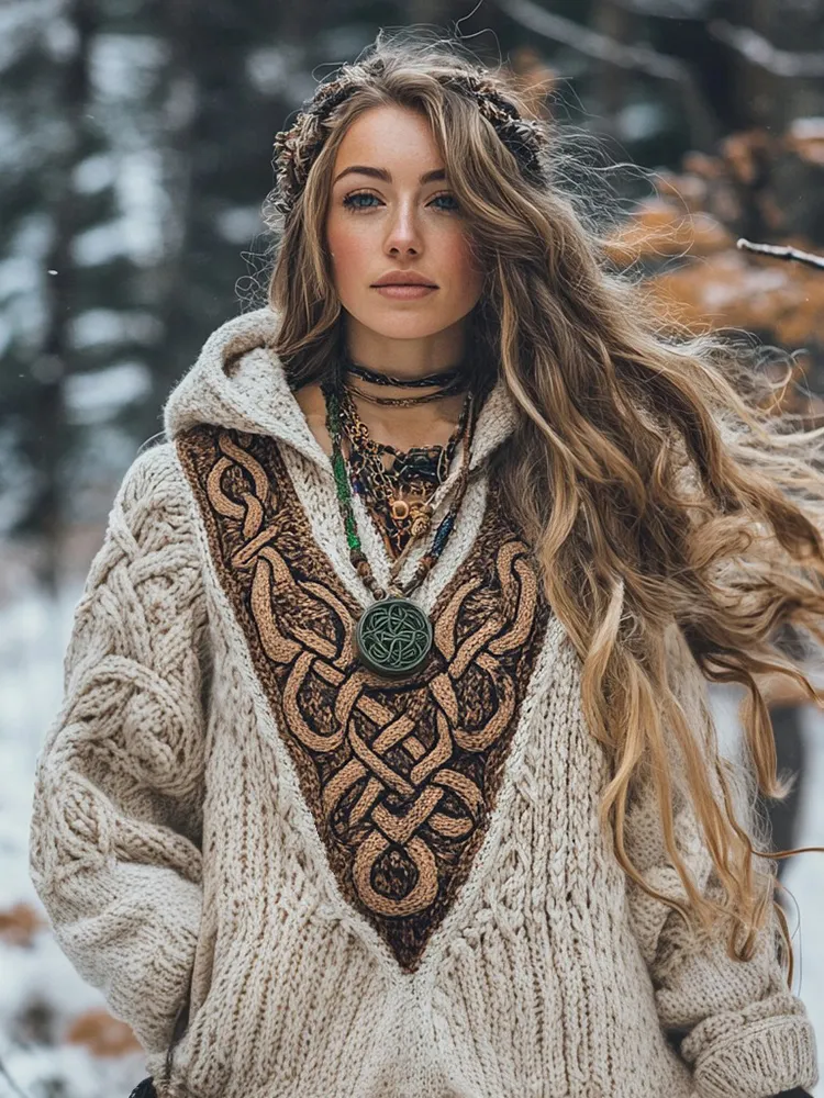 Women's Viking Celtic Knot Cozy Warm Knit Hooded Sweater