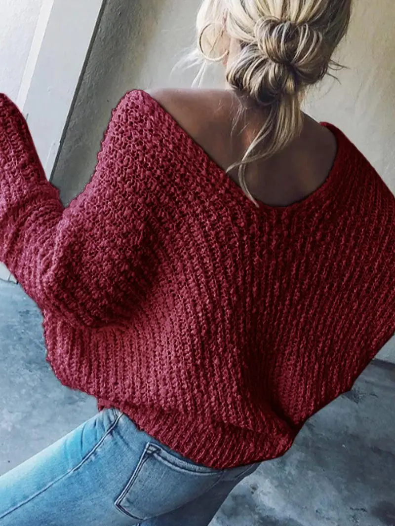 Women's Plain Drop Shoulder V Neck Sweater