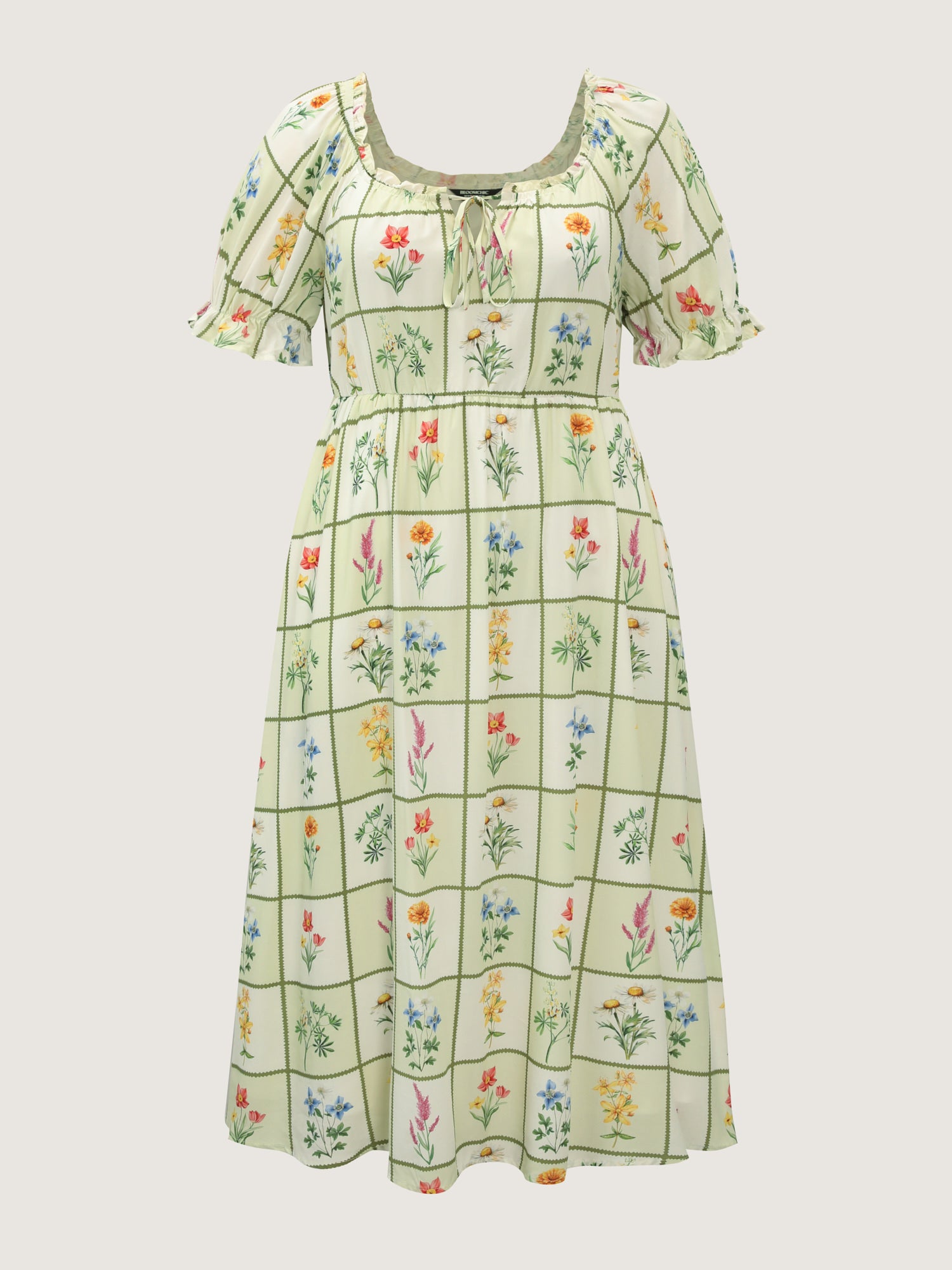 Floral Collage Print Ruffled Neckline Midi Dress