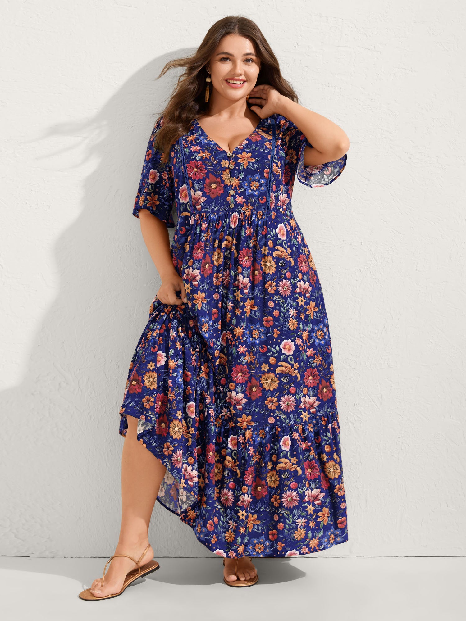 Rayon Floral Lace Trim Button Maxi Dress