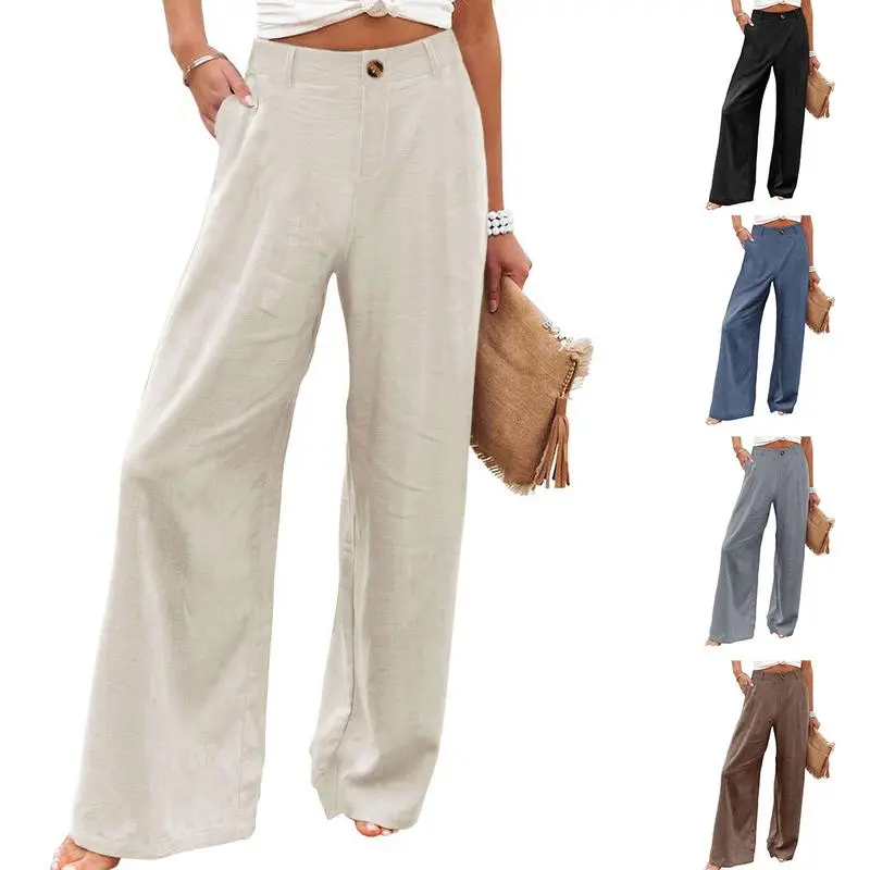 Womens Cotton Linen Pants Casual Button Up High Waisted Wide Leg Trousers Wideleg Loose Womenswear Apricot