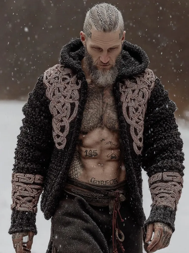 Men's Viking Celtic Pattern Art Cozy Knit Zipper Hooded Sweater