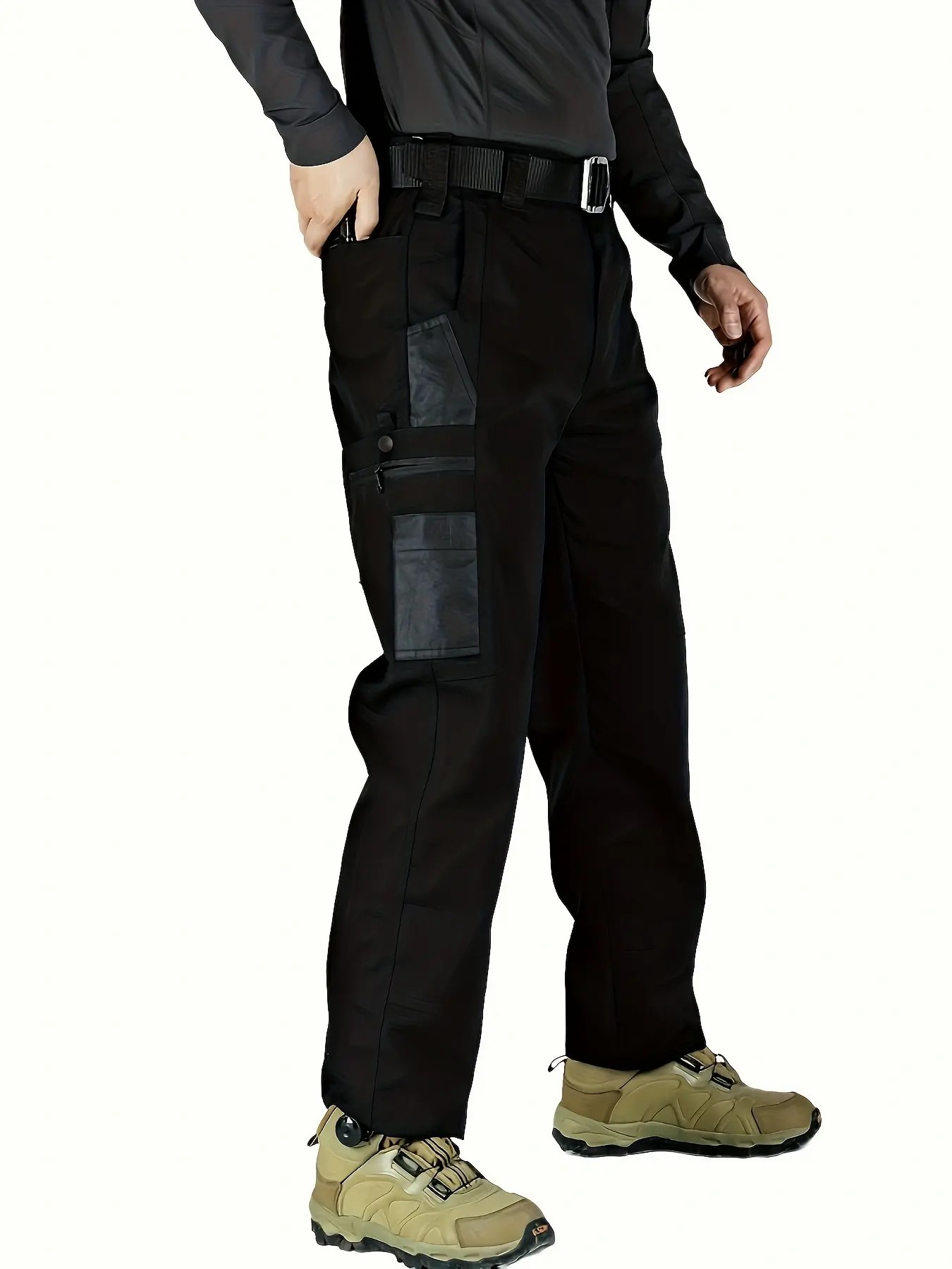 Men's Solid Color Waterproof Tactical Work Pants - 3-Piece Set, Belt-Free, Multi-Pocket, Durable Outdoor Hiking & Casual Pants (Regular Fit)