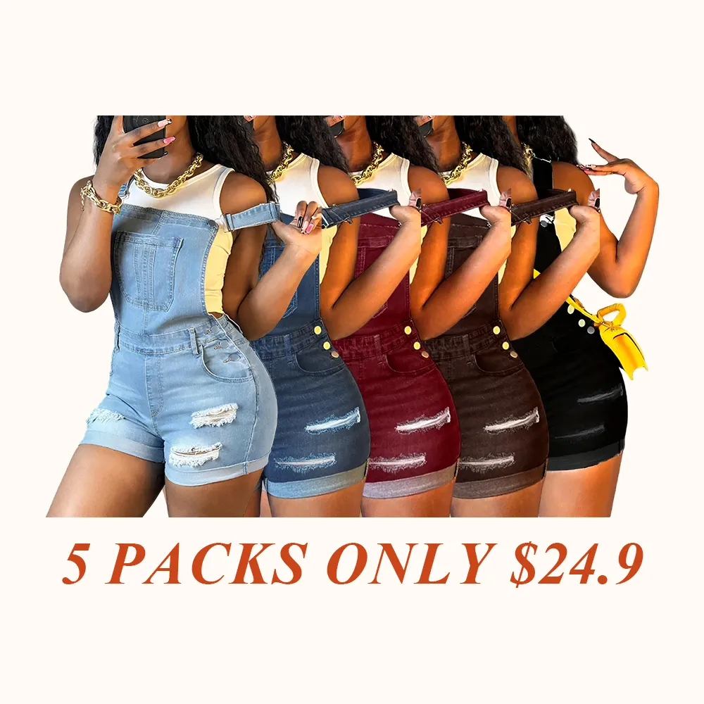 Women's Ripped Denim Bib Shorts - Dark Wash & Adjustable Straps