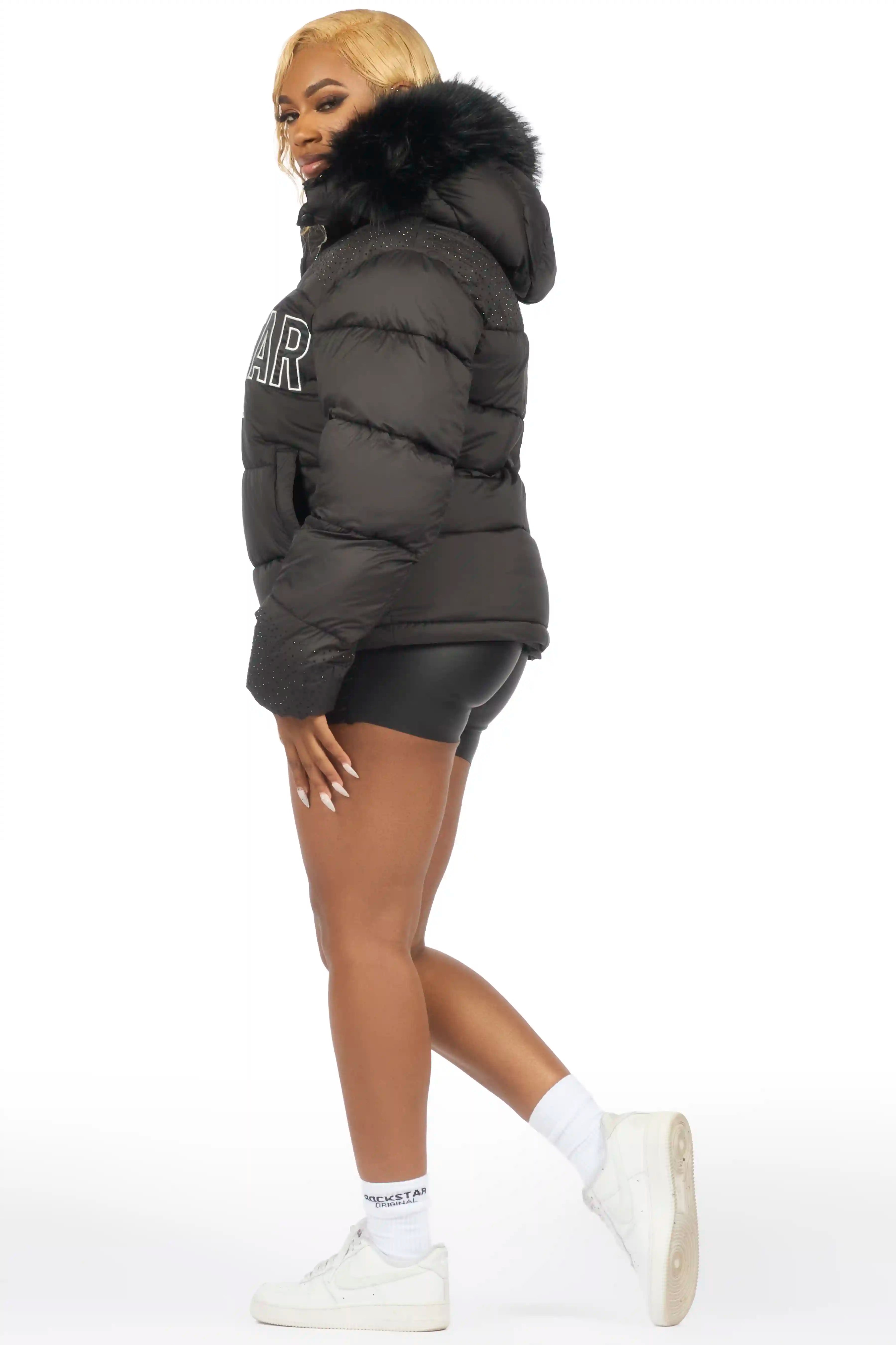 Natia Black Oversized Rhinestone Puffer Jacket