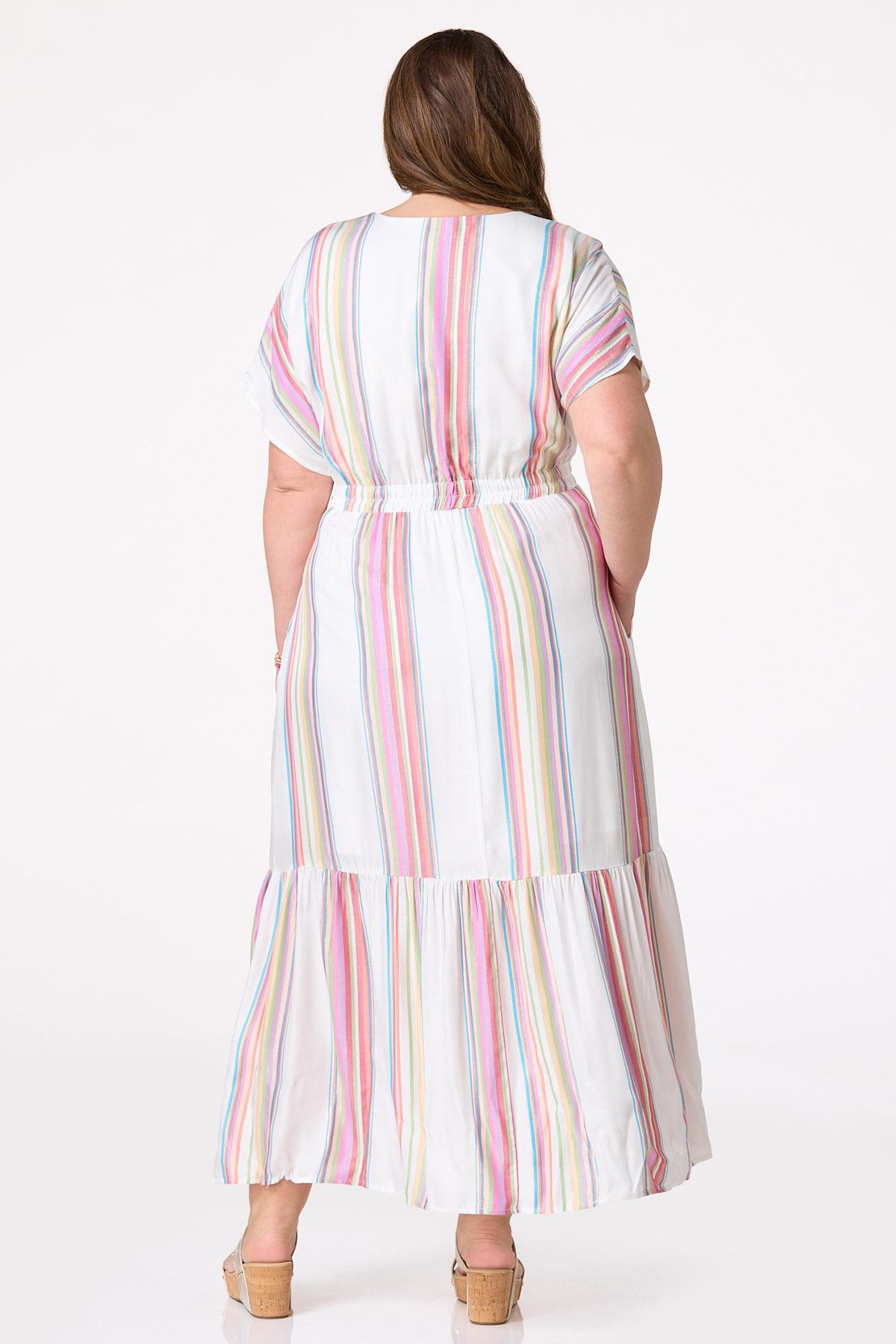 Plus Size Multicolor Striped Tassel Waist Dress
