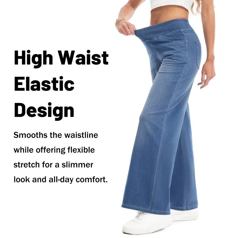 Wide Leg Stretchy Jeans for Women Loose Fit Elastic High Waist Pants