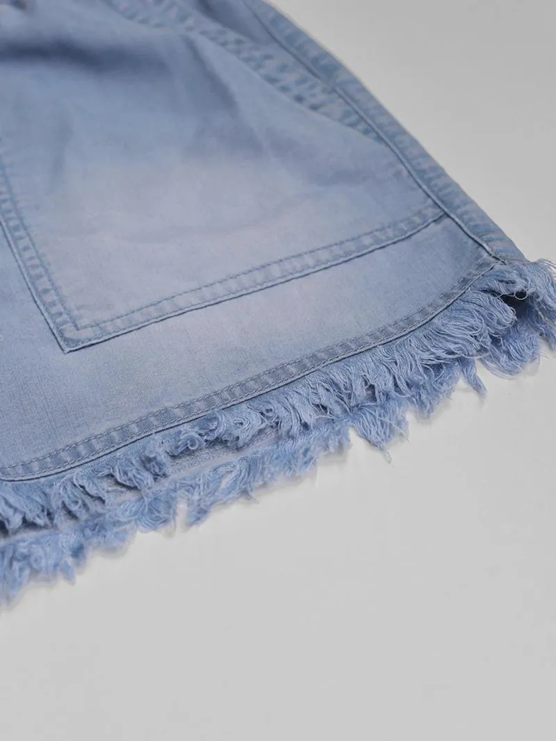 Women's Plain Drawstring Waist Denim Shorts, Casual Fashion Pocket Shorts for Daily Wear