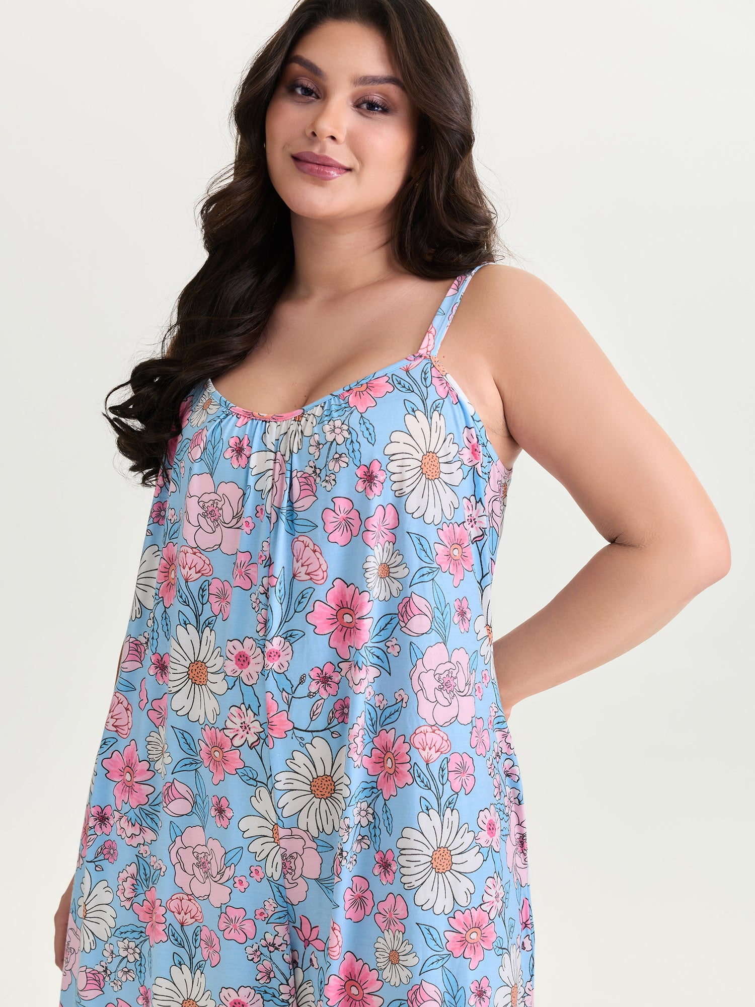 Stretchy Floral Print Wide Straps Jumpsuit