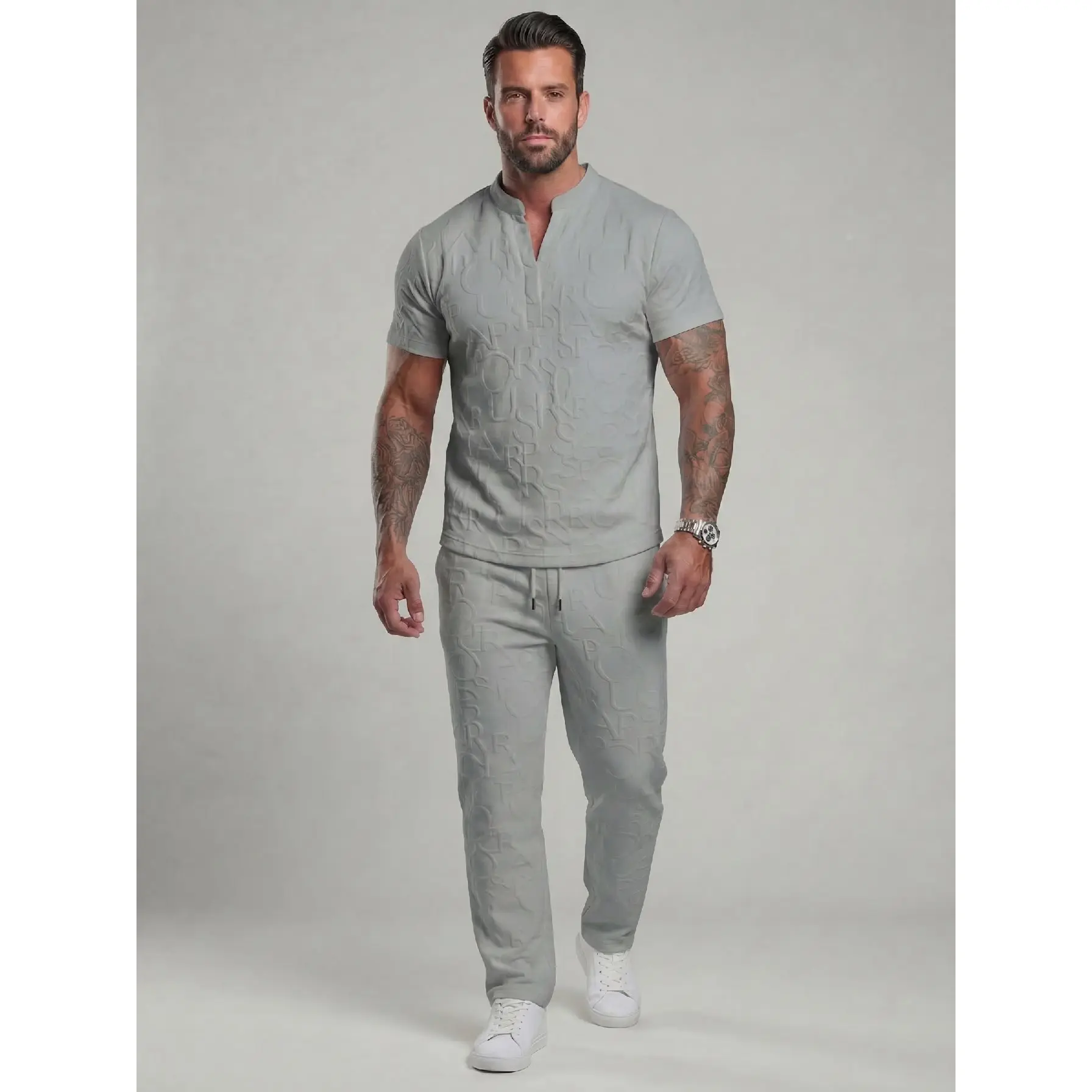 Men's Textured Letter-Embossed T-Shirt & Drawstring Waist Trousers Set