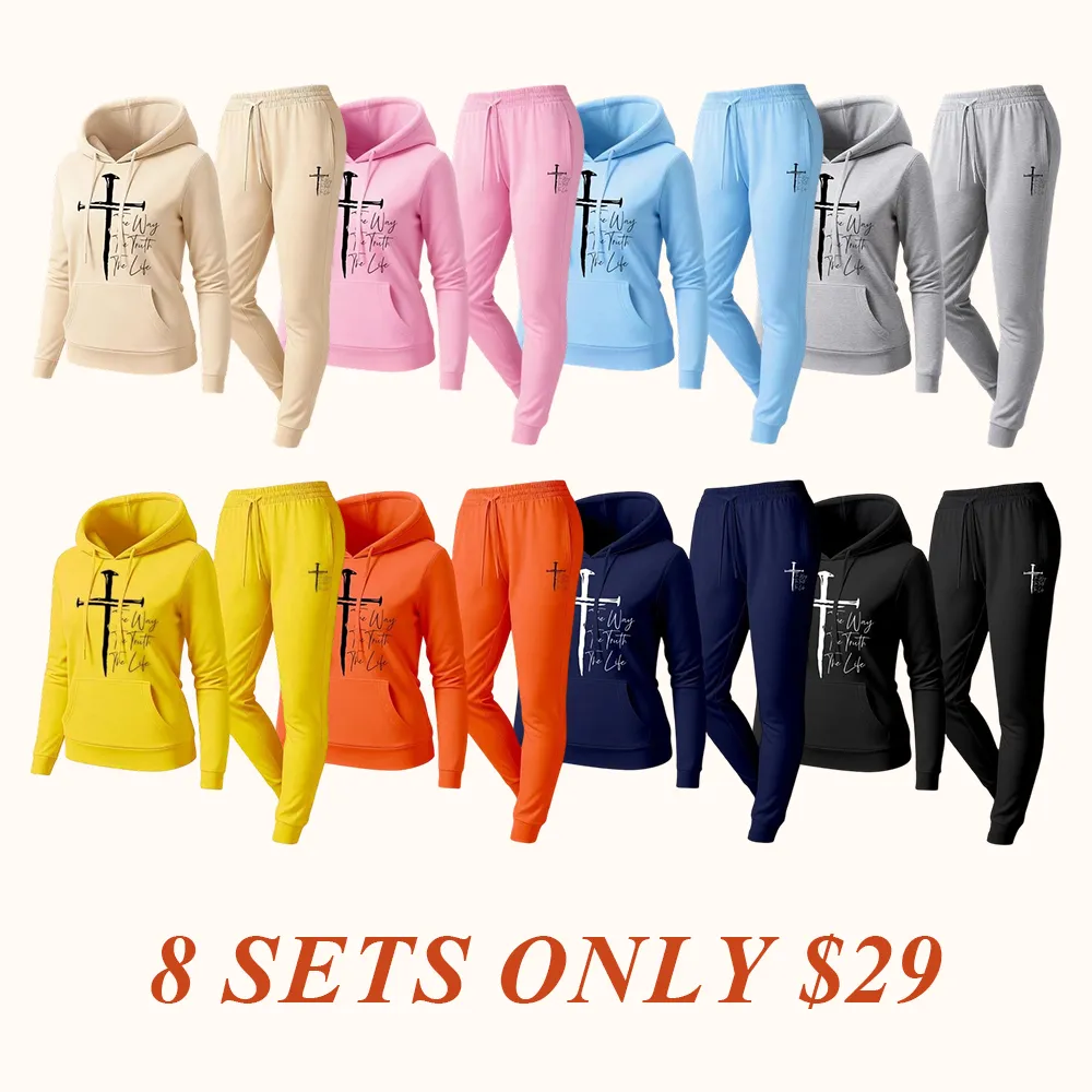 Women's Jesus on the Cross Print Hoodie And Drawstring Track Pants Set