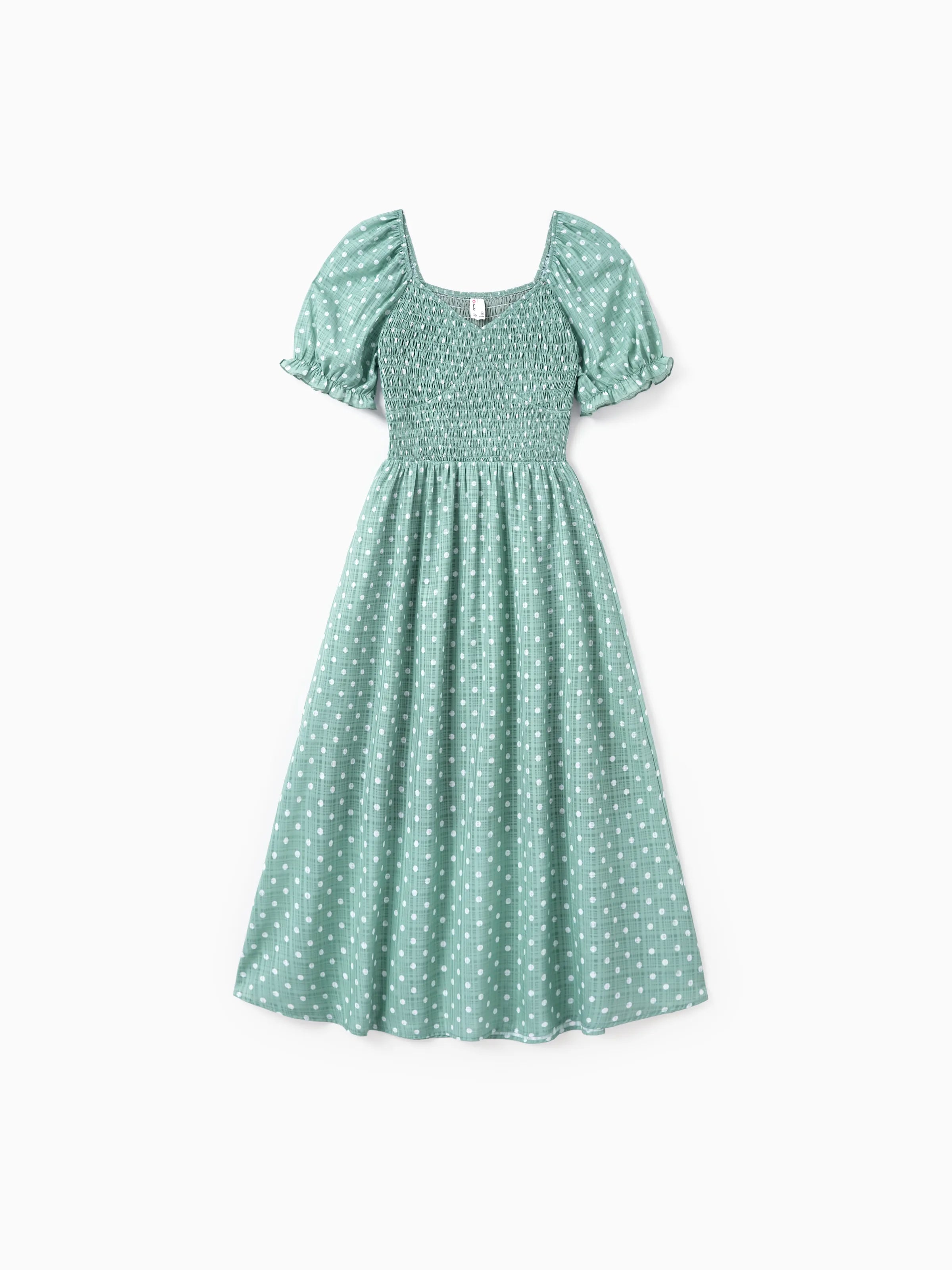 Family Matching T-Shirt & Dress Set Polka Dot Puff-sleeve Dress for Mom, Daughter & Baby, Color Block Cotton Tee for Dad & Son, Perfect for Family Outings & Photos Light Green