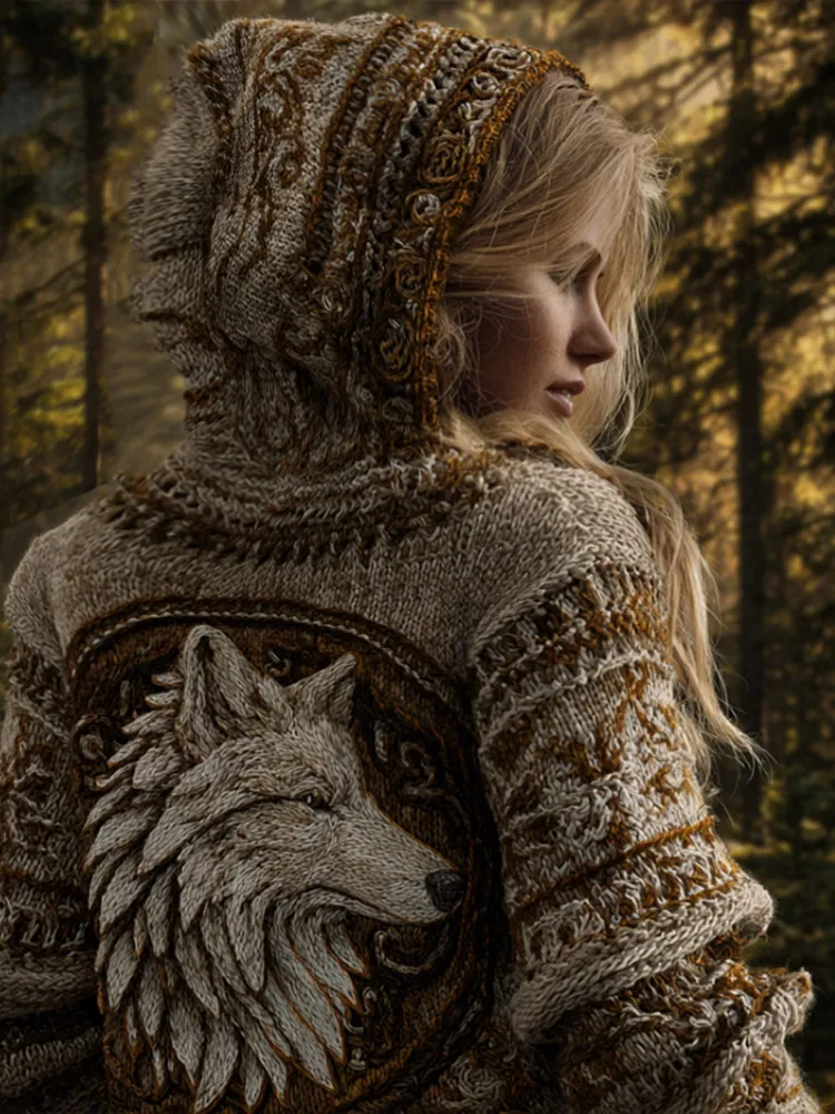 Viking Retro Style Wolf Element Women's Hooded Knit Sweater