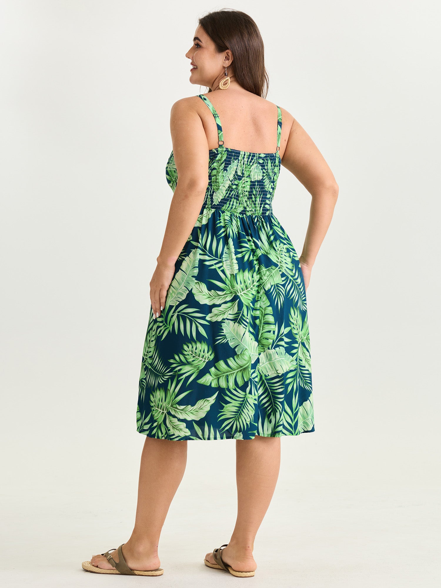 Tropical Plant Print V-Neck Midi Dress