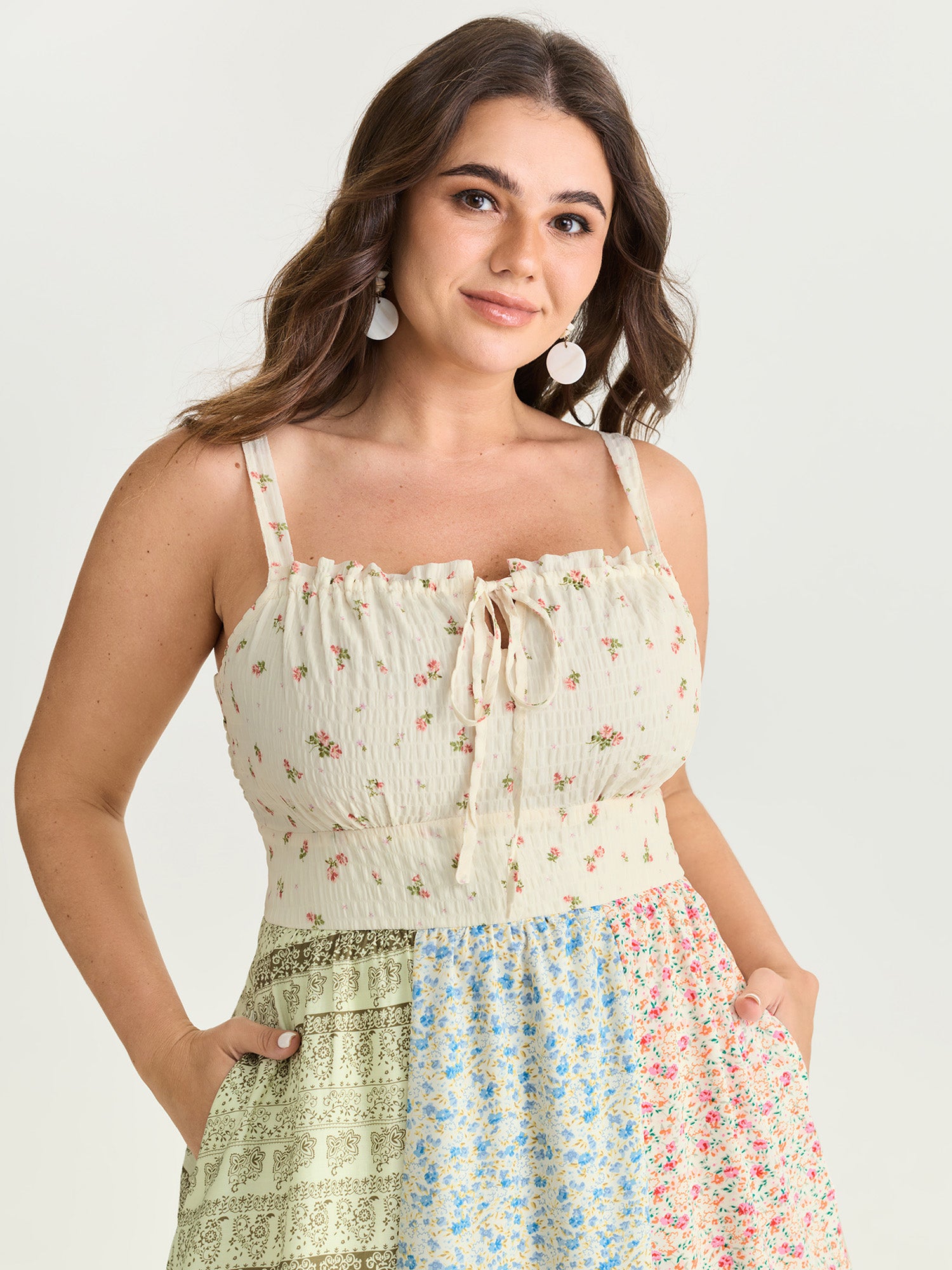 Floral Patchwork Print Drawstring Maxi Dress